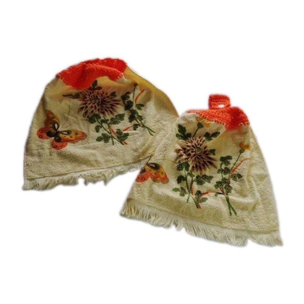 Vintage Dish Towels With Crochet Holder Set Of Two Butterflies Flowers